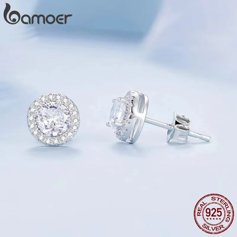 BAMOER Platinum Plated Halo CZ Stud Earrings 925 Sterling Silver Hypoallergenic Classic Round Earrings Set Fine Jewellry BSE893
